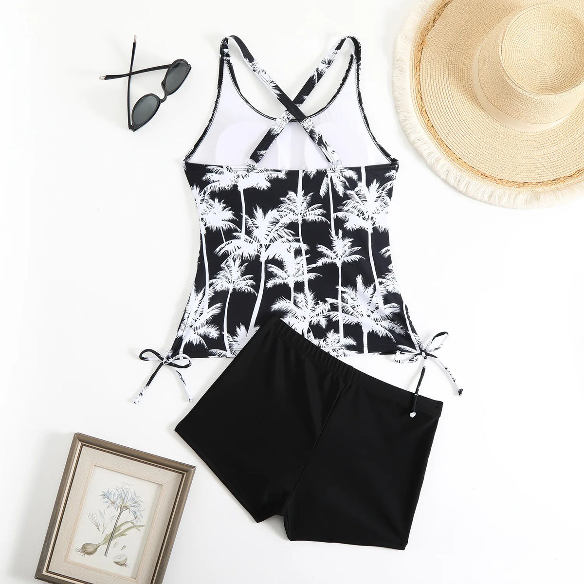 High Waist Swimwear Women 2025 New Two Pieces Swimsuit with Shorts Coconut Palm Print Tankini Set Summer Bathing Suit Trunks