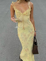 Sexy Elegant Flower Print Slim Long Dresses Women V-neck Low Cut Leace-up Backless Package Hip Bodycon Sleeveless Dress Female