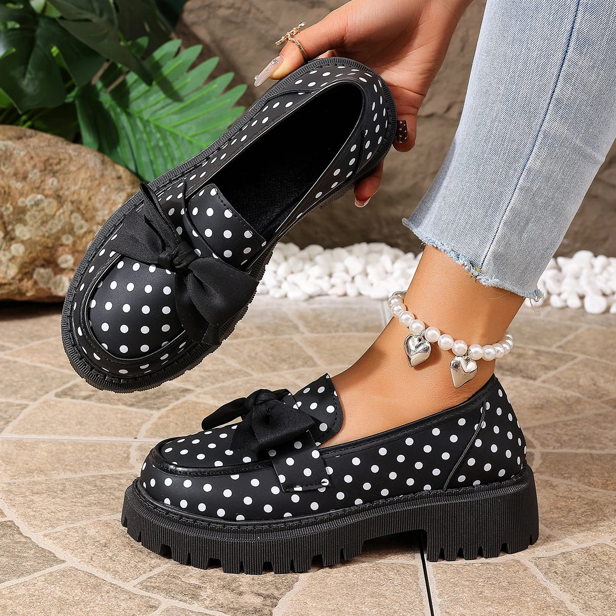Women Polka Dot Print Platform Loafer Shoes Bow Decor Slip On Chunky Lug Sole Round Toe Sweet Preppy Casual Dress Shoes