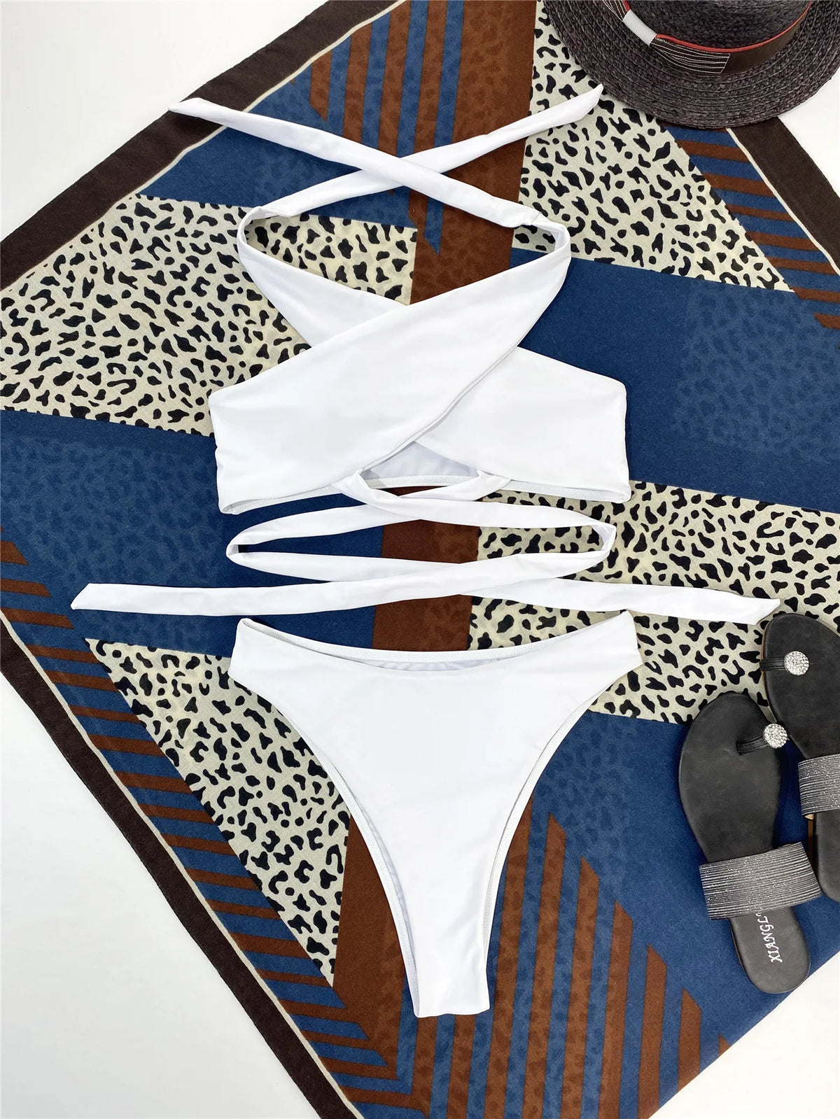 Sexy High Neck Cross Bikini Set 2026 Women Solid White Black Push Up Hollow Out Swimsuit Summer Bathing Suit High Waist Swimwear