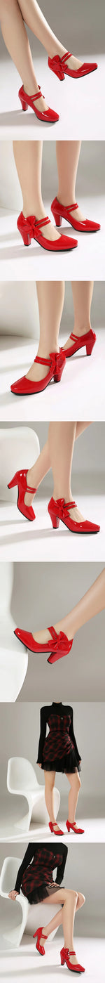 Plus Size 33-48 Sweet Polka Dot Mary Jane Heels Shoes Women Pink Blue Side Bow Tie Round Toe Chunky Block Heel Cute Lolita Pumps