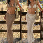Vintage Coffee Leaves Print Mesh Skirt 3 Piece Bikinis Sets 2026 Women Beach Pearls Push Up Thong Swimsuit Bathing Suit Swimwear