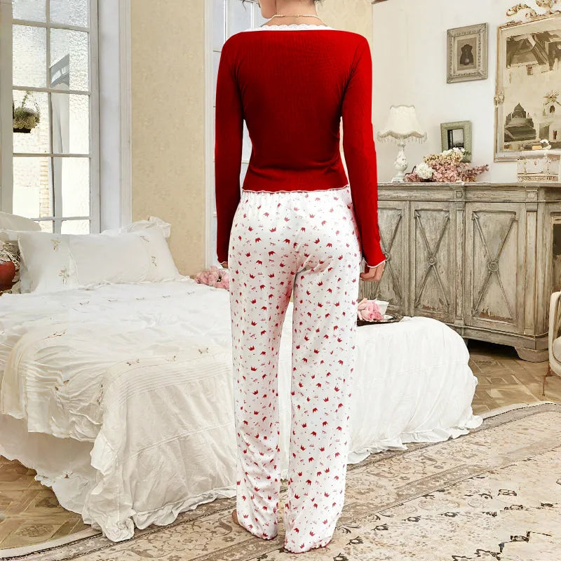 Women SleepwearLong Sleeve T-shirt with Long Trouses Set Autumn Winter Pajamas Set Homewear Femme Loungewear