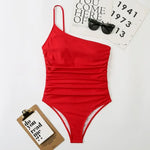 2026 Sexy One Shoulder One Piece Swimsuit 2022 Women Solid Black Neon Green Push Up Padded Bathing Suit Pleate Swimwear Monokini