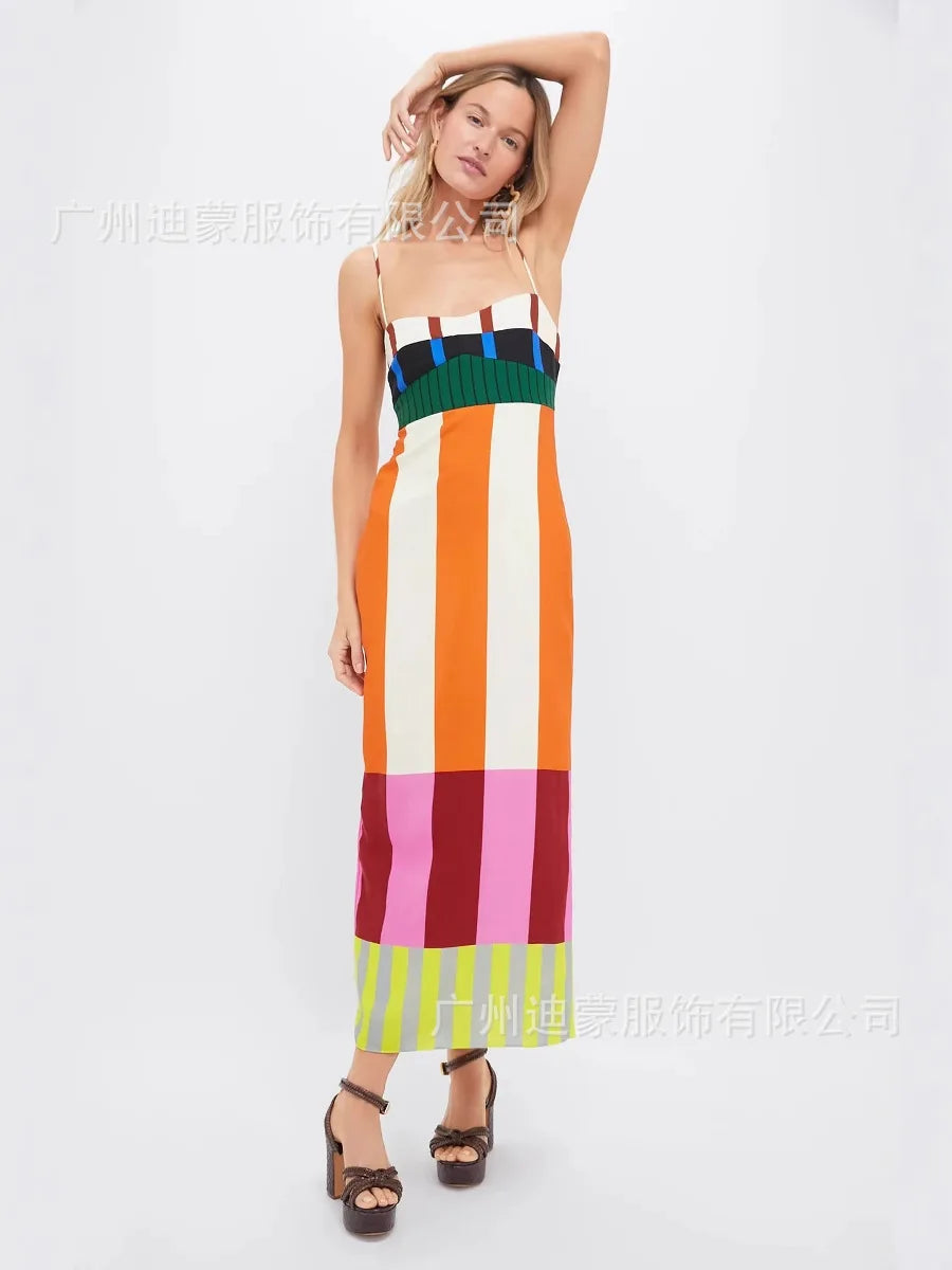 Elegant High Waist 2025 Party Long Dress Fashion Casual New Striped Colorful Women Sexy Spaghetti Strap Bohemian Mixi Dresses