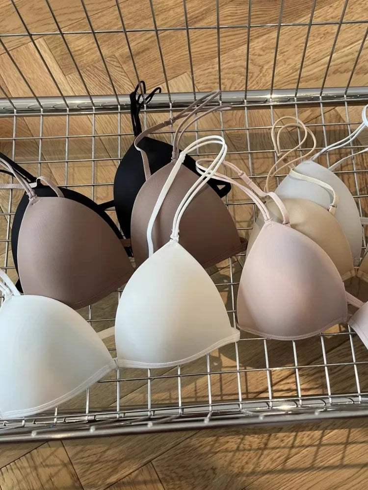 Front Closure Bra French Style, Thin Straps Triangle Cup for Small Chest, Beautiful Back Seamless Bralette, Lightweight Wireless