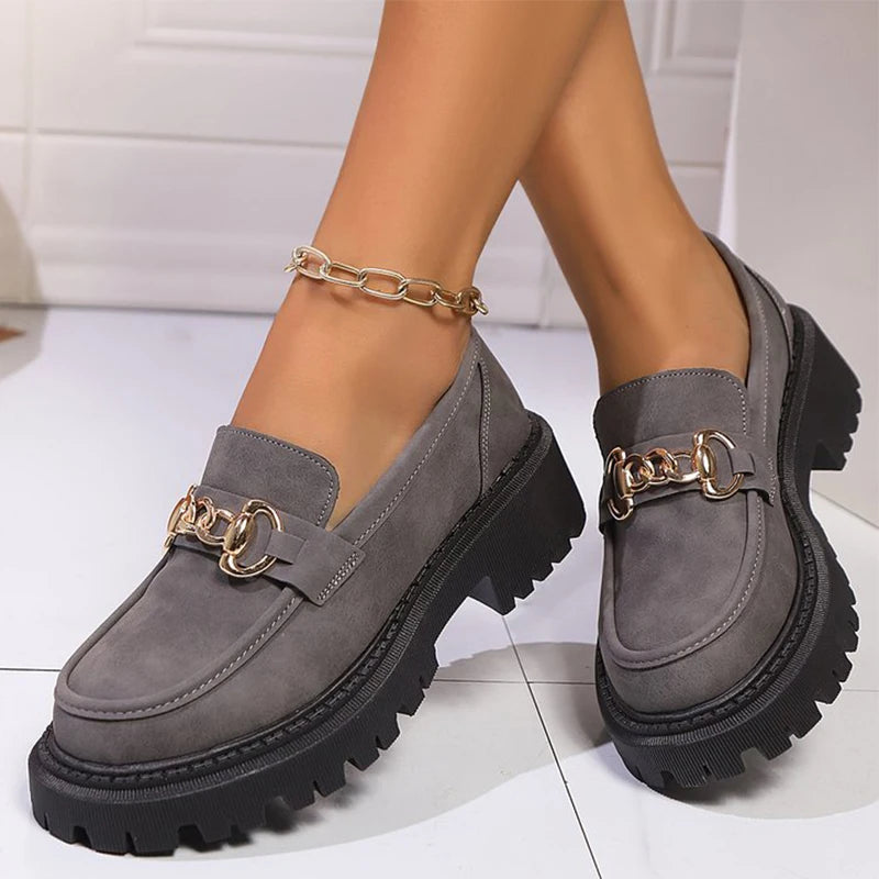 Fashion Metal Decoration Loafers Shoes for Women 2025 Gray Non Slip Platform Casual Shoes Woman Faux Suede Slip On Shoes Mujer