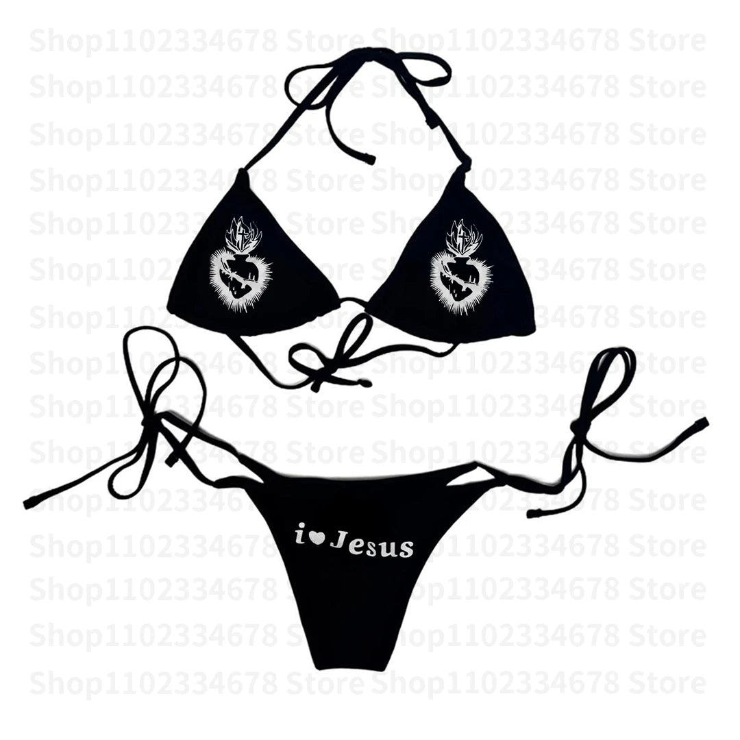 2000s Emo Girls Letter Print Bikini Set Sexy Thong Swimsuit Two Pieces Bathing Suit Punk Gothic Fashion Women Swimwear Y2k Style