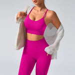 2 pcs/set Seamless Tight Pants Set Rose Red Tank Top Outfit Women's Clothing BreathableTrousersAthleisure Fitness Pants