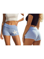 Women Slim Fit Stylish Decorative Starfish Ribbed Elastic Mid Rise Shorts Spring/Summer Holiday Beach Casual Knit Shorts