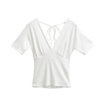 Spring Korean Slim Fit Deep V Neck Tie-Up Clean Face Crop Top Short Sleeve Pullover T-Shirt Base Shirt Solid Color Fashion RM7O