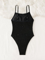 Sexy Black Shiny Sequin One Piece Swimsuit 2026 Women Halter Hollow Out Backless Thong Bathing Suits Tummy Control Swimwear
