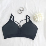 Women Ribbed Knit Bra Front Cutout V Neck Wireless Bralette Fixed Thin Spaghetti Straps Underwear Skin-Friendly Cotton Inner Top
