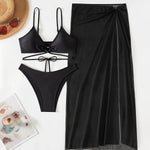 New 3 Pieces Halter Triangle Thong Bikini Set Swimsuit Women Black Swimwear with Sarong Skirts Dress Beach Wear Bathing Suits