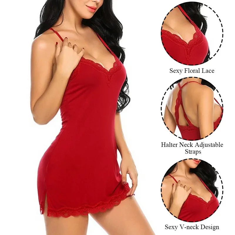 Sexy Lingerie Mini Dress Fashion Ladies Sleepwear Women Lace Silk Satin Nighties See Through Nightwear Nightgowns Pajamas