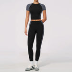 Nake Yoga Set Women's Tracksuit Color Contrast Short Sleeve Slim Sports T Shirts High Waist Leggings Fitness Clothes Gym Outfits