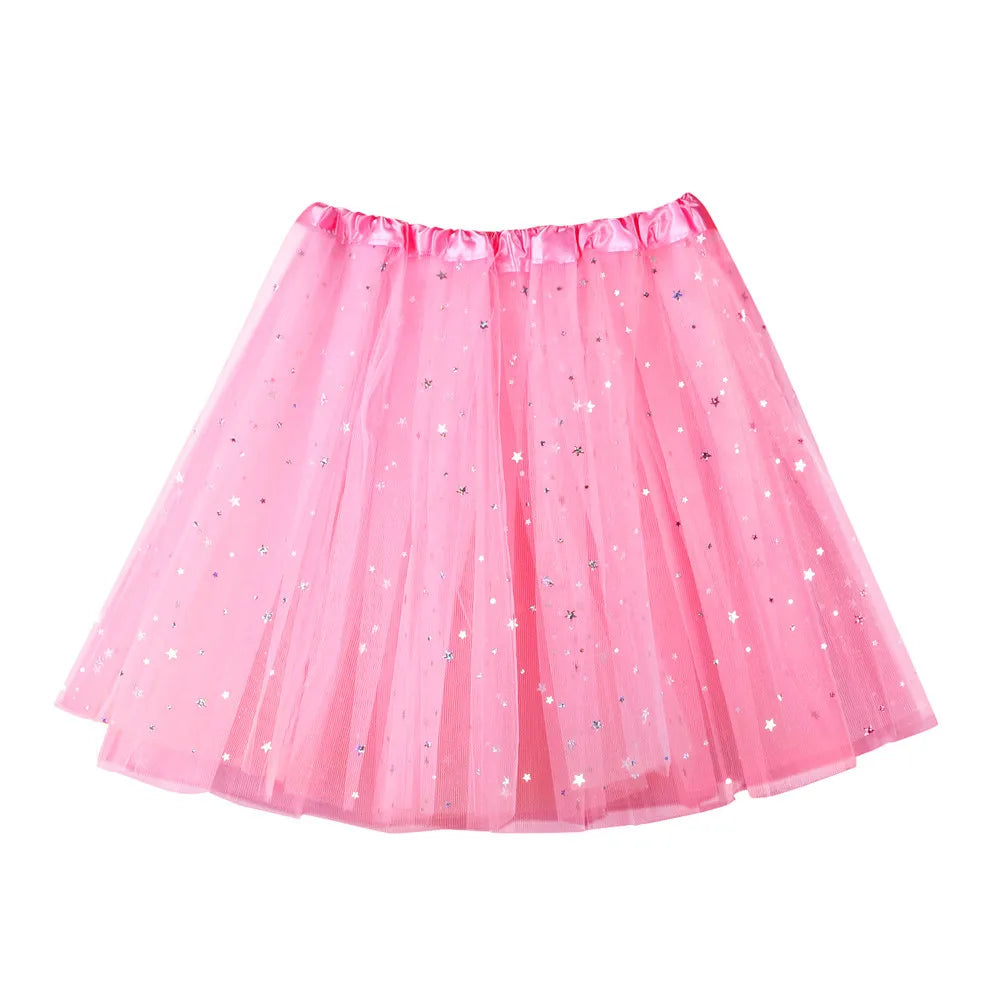 Womens Summer New Tulle Tutu Skirt Elastic Waist Silver Star Print Layered Mesh Mini Skirt Fluffy Carnival Party Dance Skirts
