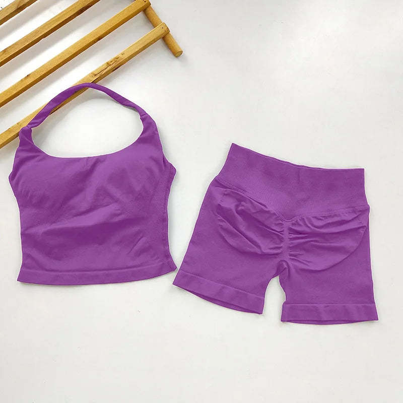 Yoga 2 Pieces Gym Set Women Backless Halter Tops High Waist Seamless Shorts Gym Suit Fitness Sports Bras Sportswear Workout Sets