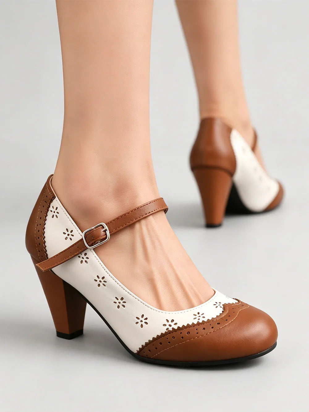 2026 Plus Size 48 Vintage Brown 7.5cm High Heels Mary Janes Pumps Retro Comfy Walk Summer Pink Office Lady Brogue Shoes Women