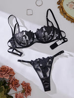 Floral Embroidery Sexy Lingerie Set Women Transparent Bralette Underwire Push Up Bra Panty 2 Piece Set