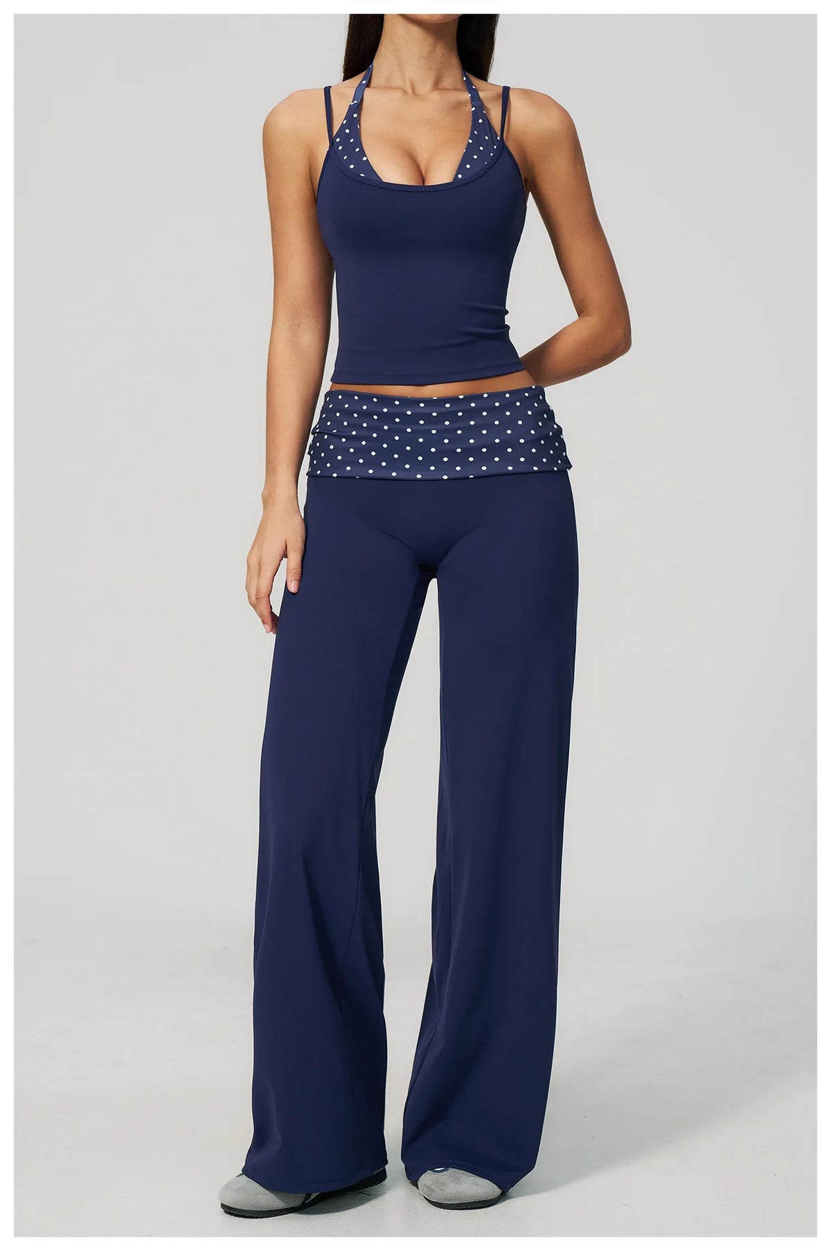 Women's 2 Piece Yoga Set Halter Neck Crop Top Fold Over Waist Wide Legged Flare Trousers Polka Dot Striped Gym Workout Running