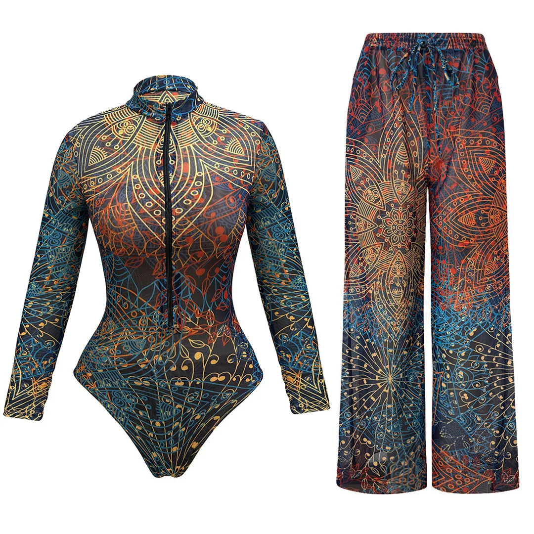 S - XXL New Printed Long Sleeve With Pants Sarong Shorts Women Swimwear One Piece Swimsuit Female Bather Bathing Suit Swim V8395