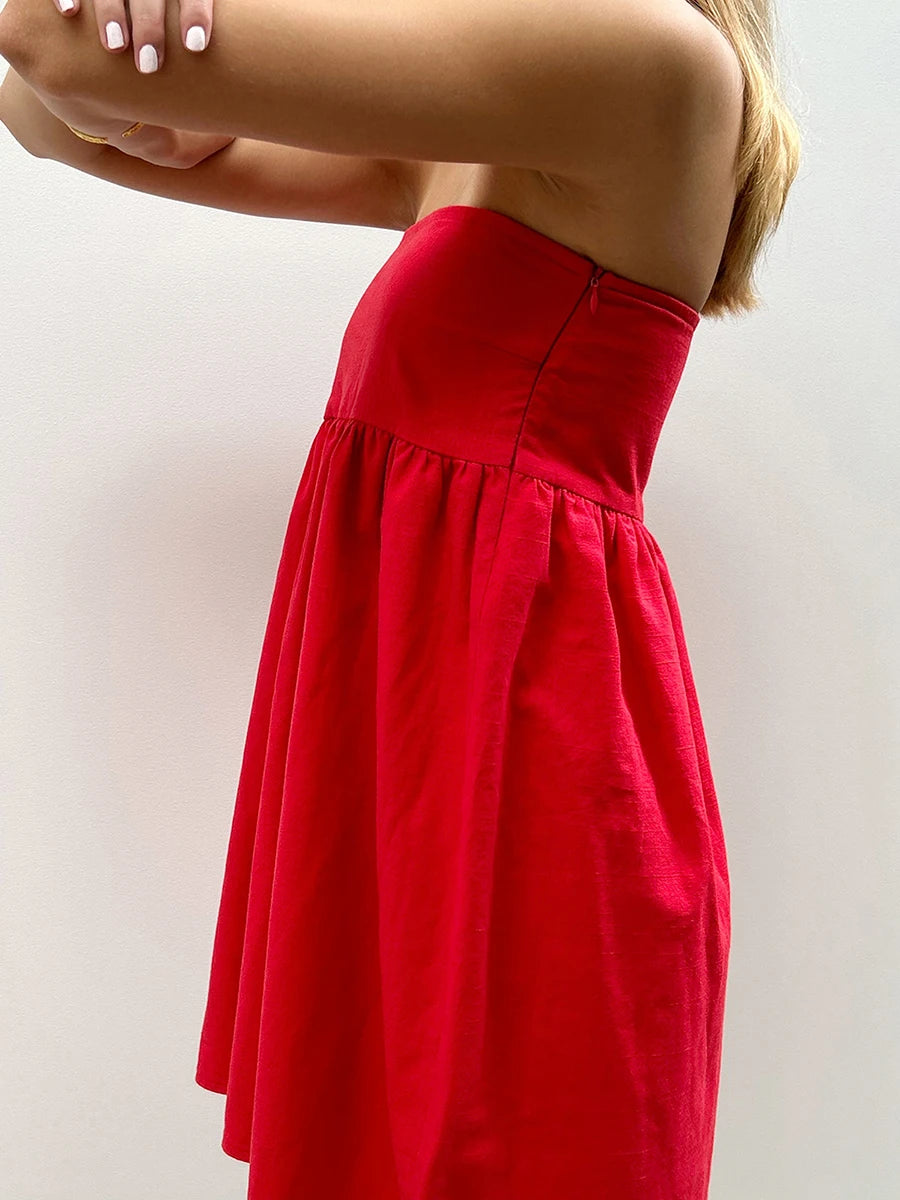 Women Sleeveless Strapless Backless Mini Dresses Summer Solid Color A-line Dress