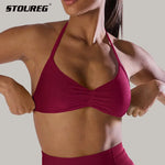 Women Seamless Impact Strappy Bra Removable Pads High Elastic Quick Dry Breathable Halter Neck Sports Top Yoga