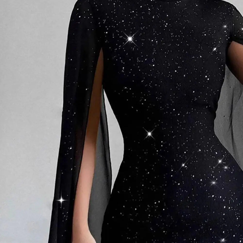Women's Cape Sleeve Dress Mock Neck Bodycon Mini Dress Sexy Shiny Chiffon Cloak Sleeve Cocktail Dress for Wedding Evening Party