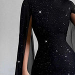 Women's Cape Sleeve Dress Mock Neck Bodycon Mini Dress Sexy Shiny Chiffon Cloak Sleeve Cocktail Dress for Wedding Evening Party