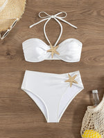 Sexy White Starfish Bikinis Sets 2025 Women Pleate Push Up High Waist Swimsuit Summer Bathing Suit Holiday Two Piece Swimwear