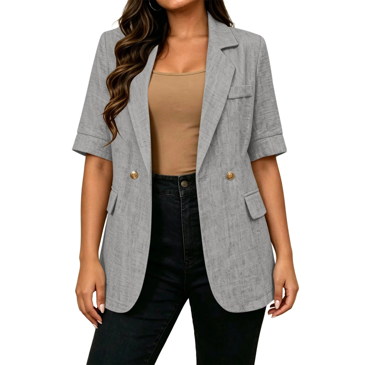 Women Textured Blazer Jacket Lapel Collar Double Breasted Half Sleeve Pocket Loose Suit Coat Elegant Office Summer Outerwear