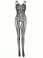 1pc Sexy Lingerie Open Bust & Crotch Hollow Out Lace Bodystocking, Backless Fishnet Romper For Women