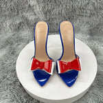 blue patent leather Pointy ToeSandals WithBow Women Summer Casual Thin High Heel Shoes Female Outfit Evening Cross Strap Mul