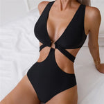Black Bandage Hollow Out Swimwear One Piece Swimsuit Women Push Up Metal Ring Linked Monokini Bathing Suit Swimming Wear 2026