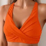 Womens Ribbed Knit Cross Front Bikini Top Racerback Padded Swim Tops Crop Style Bathing Suit Bikini Bra For Summer Beach Pool