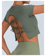 Yoga Short Sleeved T-shirt Women Hollow Back Bandage Tie Cross Sports Tank Top with Chest Gym Running Active Wear Fitness Shirts