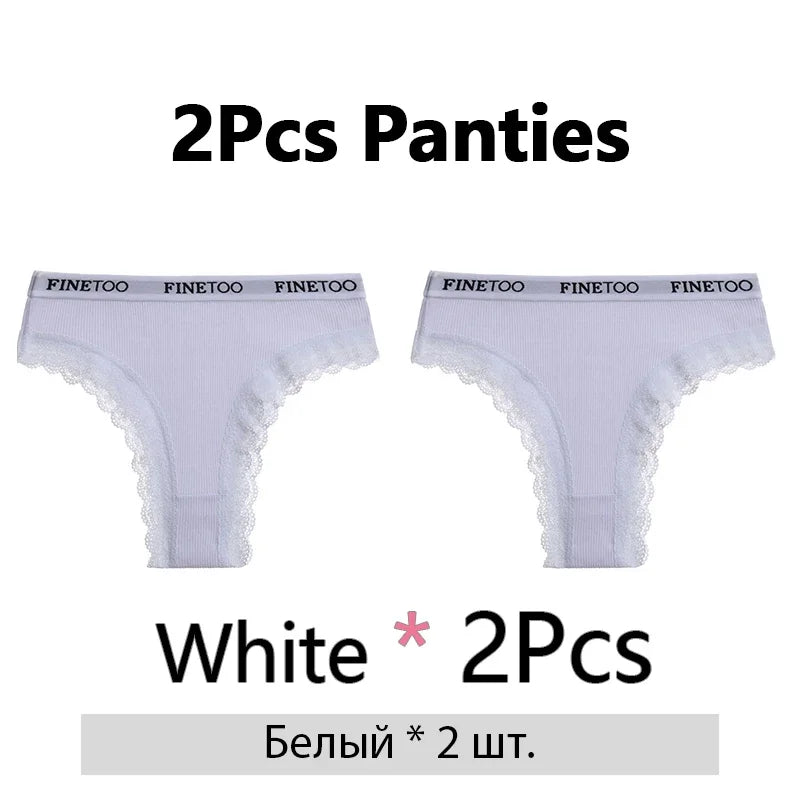 FINETOO 2Pcs/Set Women Cotton Brazilian Panties Plus Size M-2XL Lingerie Sexy Lace Underwear Low Rise Girls Intimates Underpants