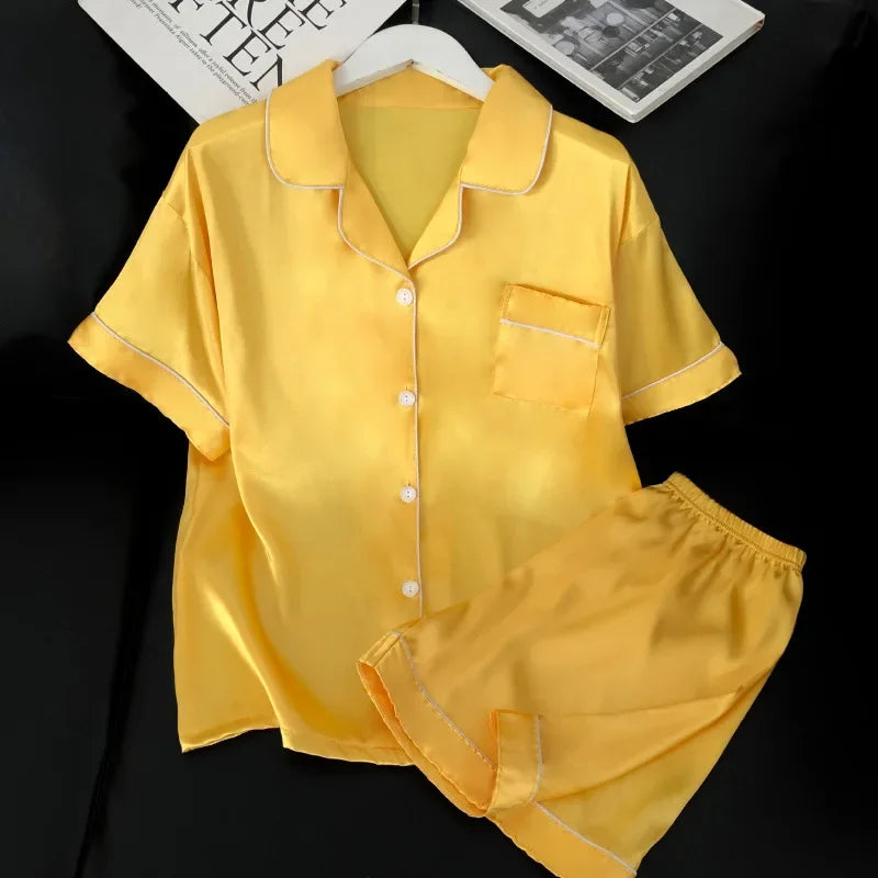 Sweet Simple Ice Silk Pajamas for WomenThin Short-sleeved Home Clothes Suit Nightwear Women's Pajamas Set Nightie Summer
