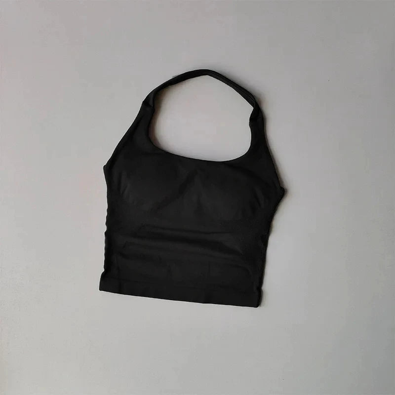 Seamless Halter Neck Yoga Tank Tops for Women Built-in Bra Padded Gym Top Sleeveless Shirt Fitted Backless Workout Clothes