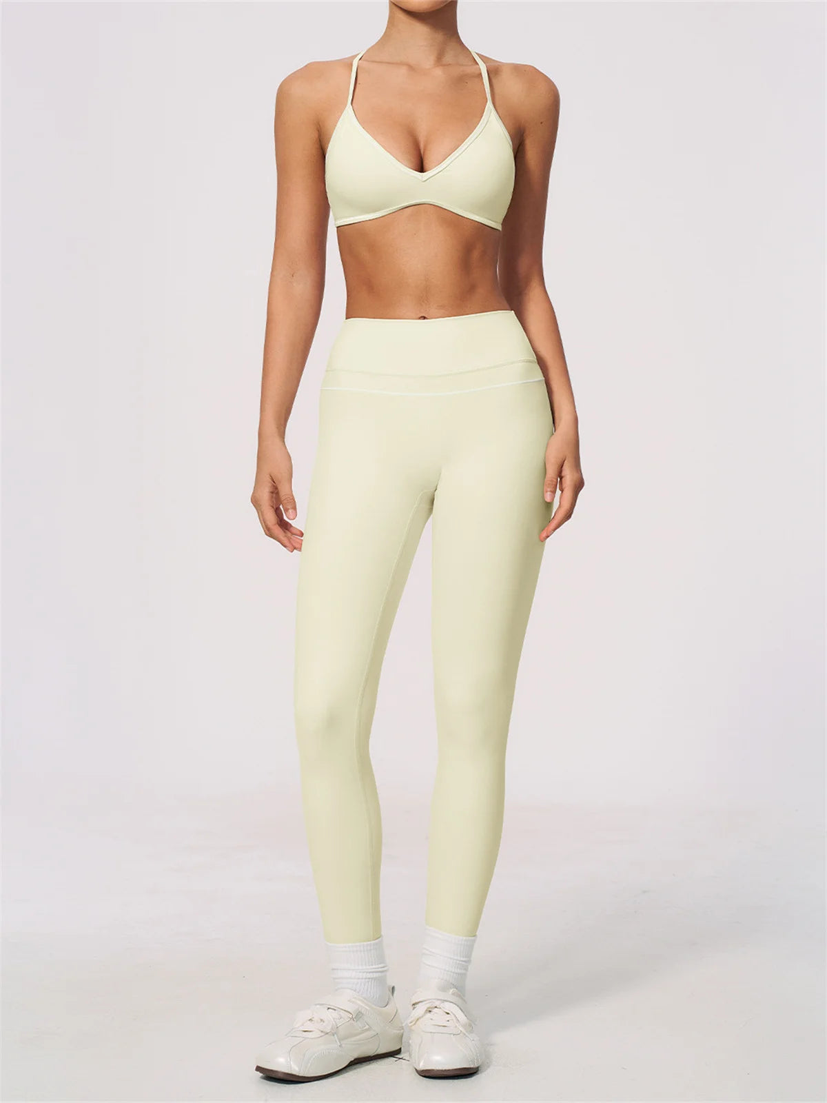 New Yoga Suit Women Color Blocked V-neck I Shape Sports Bra Fitness Clothes Summer Tight Running High Waist Leggings Tracksuit