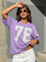 Womens Sporty Jersey Shirts Graphic Number Print Short Sleeve V Neck Loose Fit Tee Tops Summer Casual T-shirt Streetwear
