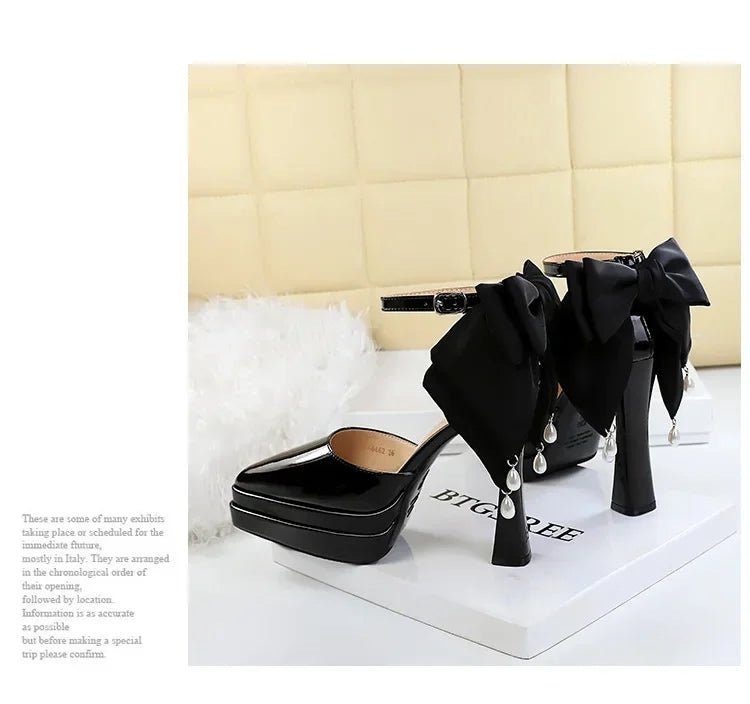 BIGTREE Shoes Women's High Heels Hollow Platform Waterproof Thick Heel Pointed Toe Sandals Match Dress Wedding Shoes Knot