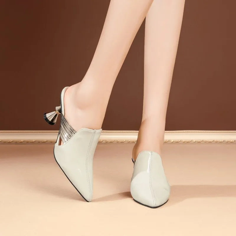 High heel, slippers women 2026 patent leather temperament, fashionable toe sandals women outdoor wear,