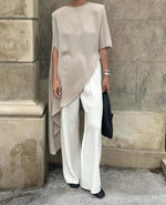 Trendix White Asymmetrical Cover Up For Women Fashion Ruffle Hem Loose Short Sleeve Shirts Casual Elegant Commuting Pullover Top