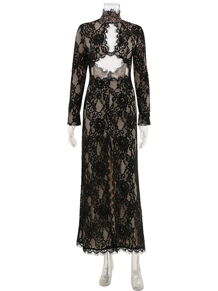 Summer Maxi Dress Women Sexy Sheer Lace Hollow Out Long Sleeve Floral Split Slim Bodycon Solid Casual Beach Party Club Vestidos
