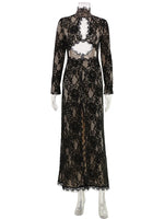Summer Maxi Dress Women Sexy Sheer Lace Hollow Out Long Sleeve Floral Split Slim Bodycon Solid Casual Beach Party Club Vestidos