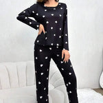 Women's Pajamas Casual Love Print Round Neck Long Sleeve Long Pants Fall and Winter Comfortable Set Girl Sleepwear Homewear