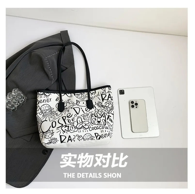 Large Capacity Printed Tote Bag, Fashion and Versatile Casual Single Shoulder Handbag with Pendant, College Style Women's Bags