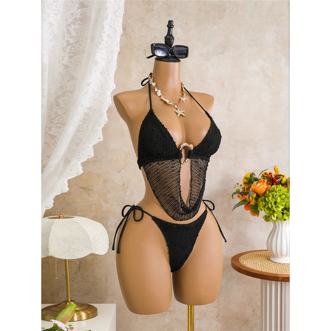 New Hollow Out Tankini Halter Bikini Female Swimsuit Women Swimwear Strappy Bather Bathing Suit Swim Two-pieces Bikini set K8076